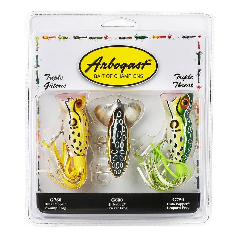 Arbogast Triple Threat Fishing Lure, Includes 1 Jitterbug Lure and 2 Hula Popper Lures, Freshwater Fishing Lures and Accessories., 2 Hula Popper, 1 Jitterbug - Image 1